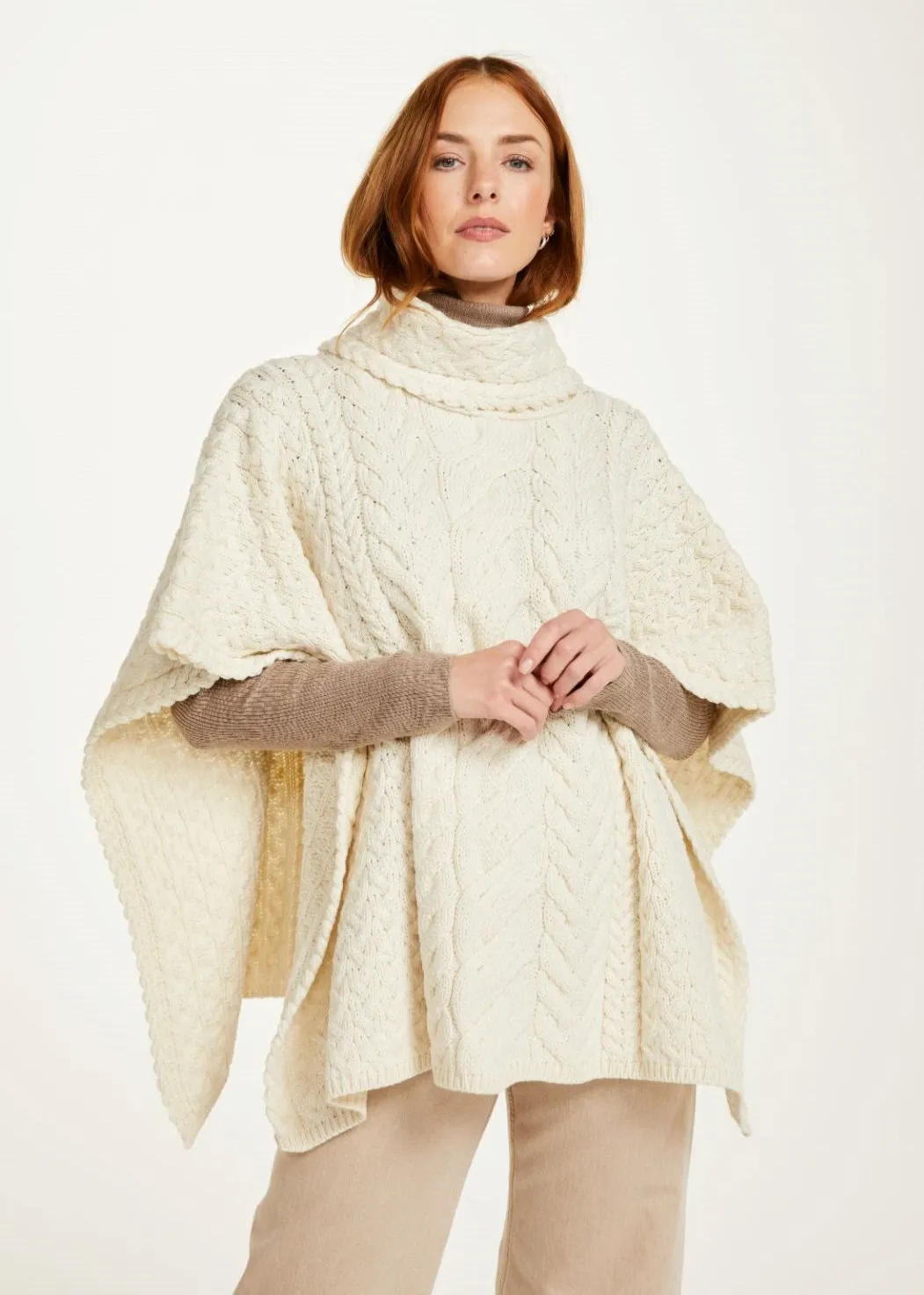 Aran Cowl Neck Poncho | Natural