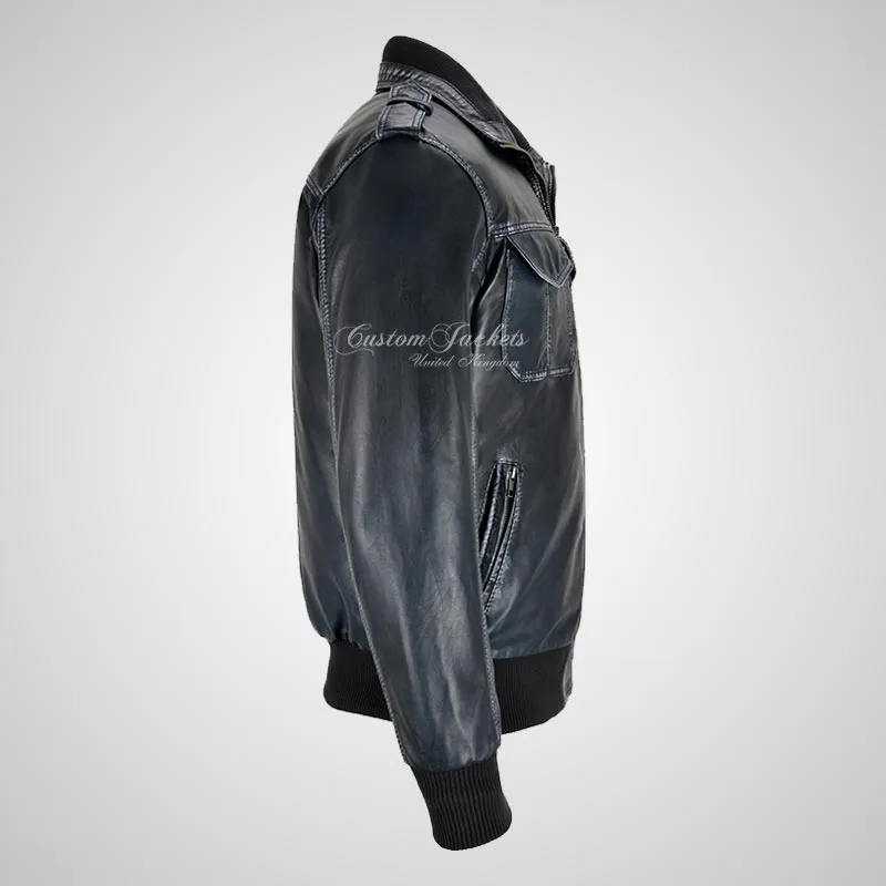 ATTICUS Vintage Navy Blue Leather Bomber Jacket For Men