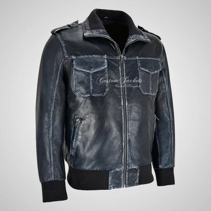 ATTICUS Vintage Navy Blue Leather Bomber Jacket For Men