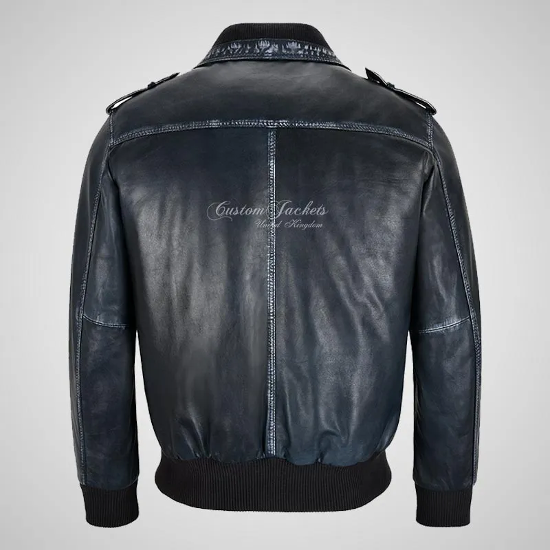 ATTICUS Vintage Navy Blue Leather Bomber Jacket For Men