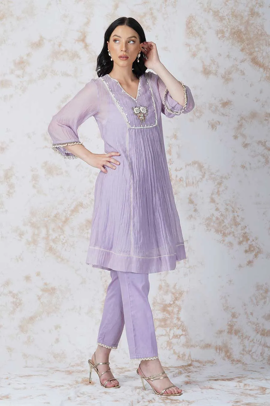 Baroque Flower Lavender Paneled Kurta Set