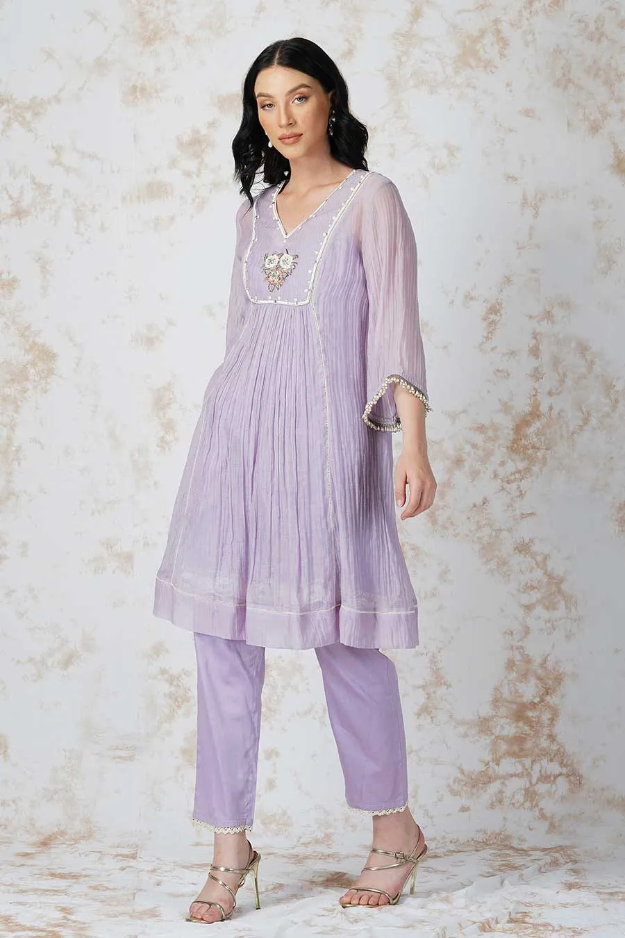 Baroque Flower Lavender Paneled Kurta Set