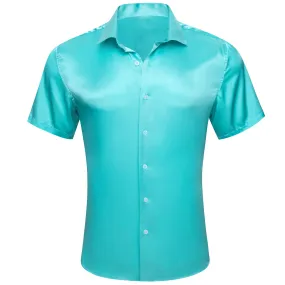Barry Wang Casual Shirt Pale Blue Solid Short Sleeves Button Up Shirt