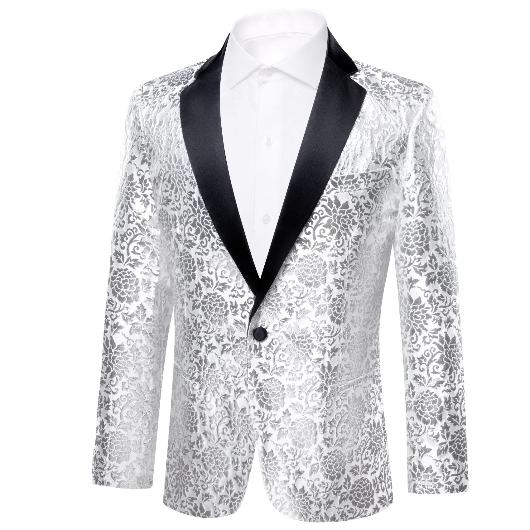 Barry.wang  Men's Shirt White Floral Notched Collar Suit Jacket