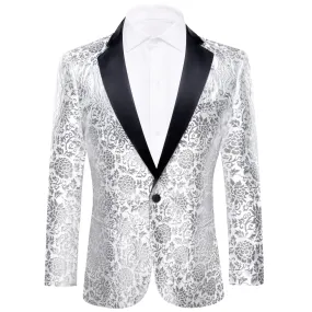 Barry.wang  Men's Shirt White Floral Notched Collar Suit Jacket