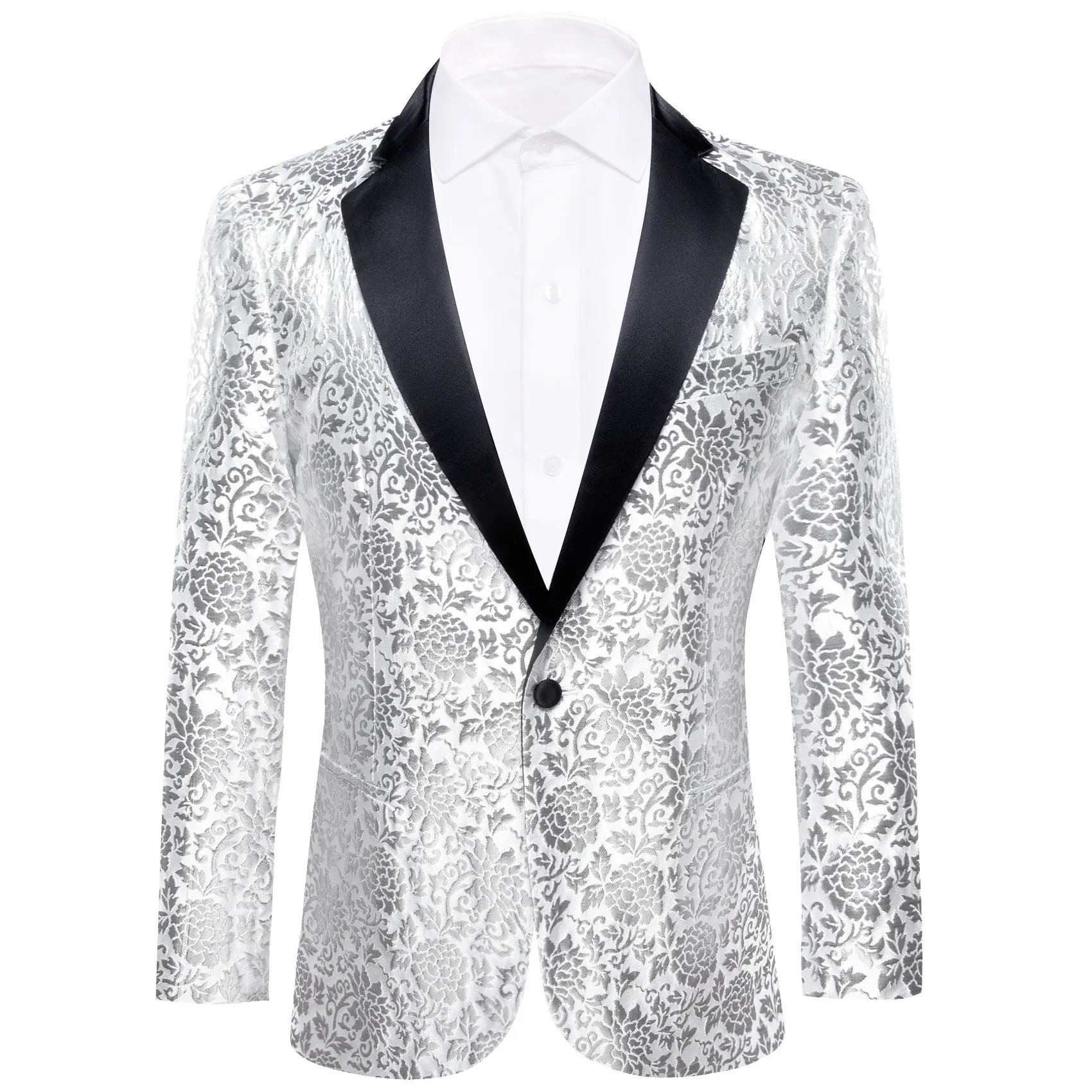 Barry.wang  Men's Shirt White Floral Notched Collar Suit Jacket