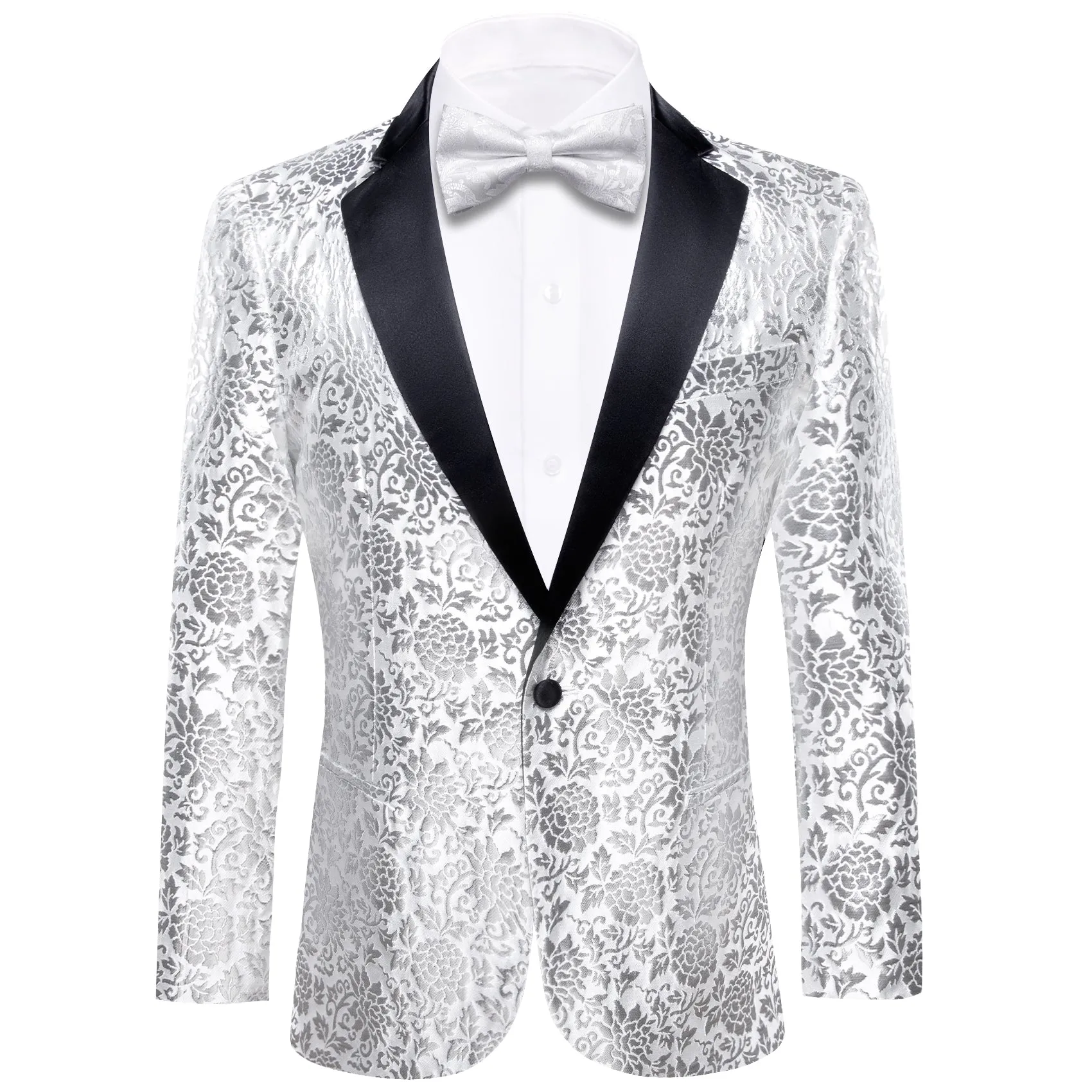Barry.wang  Men's Shirt White Floral Notched Collar Suit Jacket