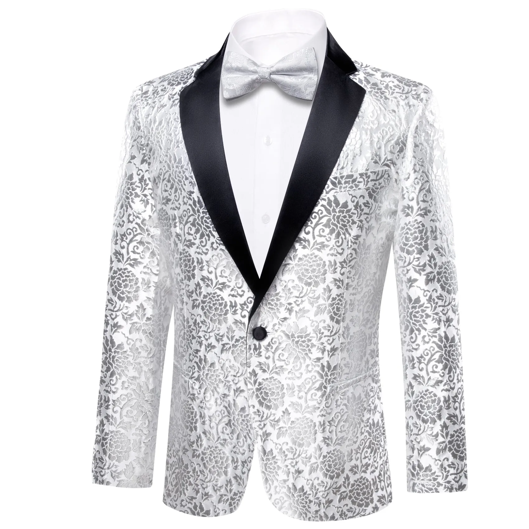 Barry.wang  Men's Shirt White Floral Notched Collar Suit Jacket