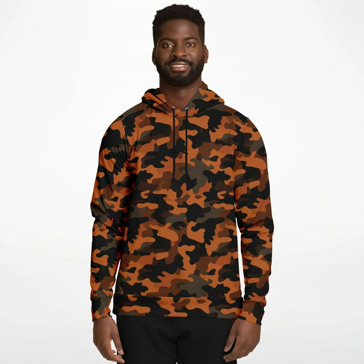 Black and Orange Camo Hoodie, Camouflage Pullover Men Women Adult Aesthetic Graphic Cotton Hooded Sweatshirt with Pockets