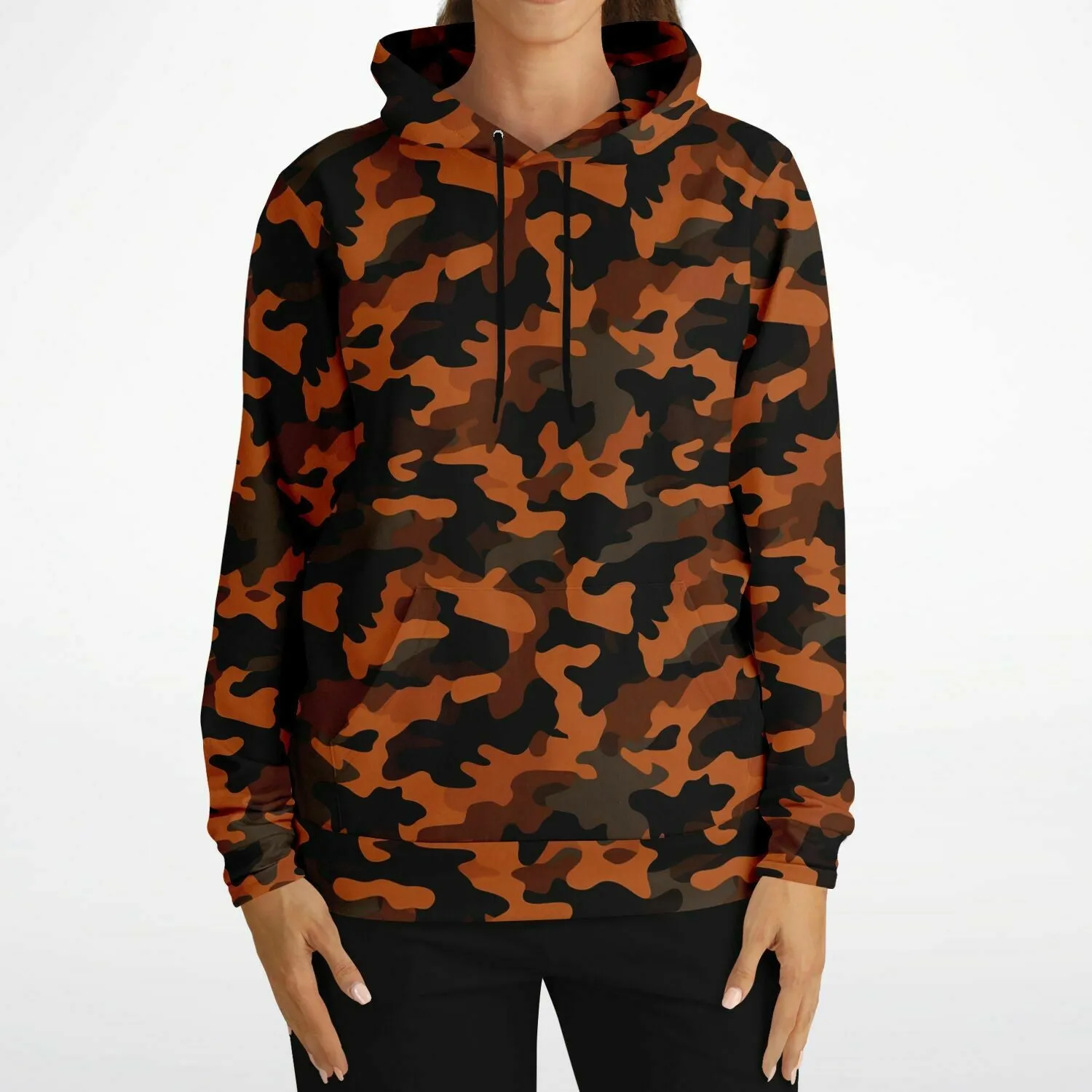 Black and Orange Camo Hoodie, Camouflage Pullover Men Women Adult Aesthetic Graphic Cotton Hooded Sweatshirt with Pockets