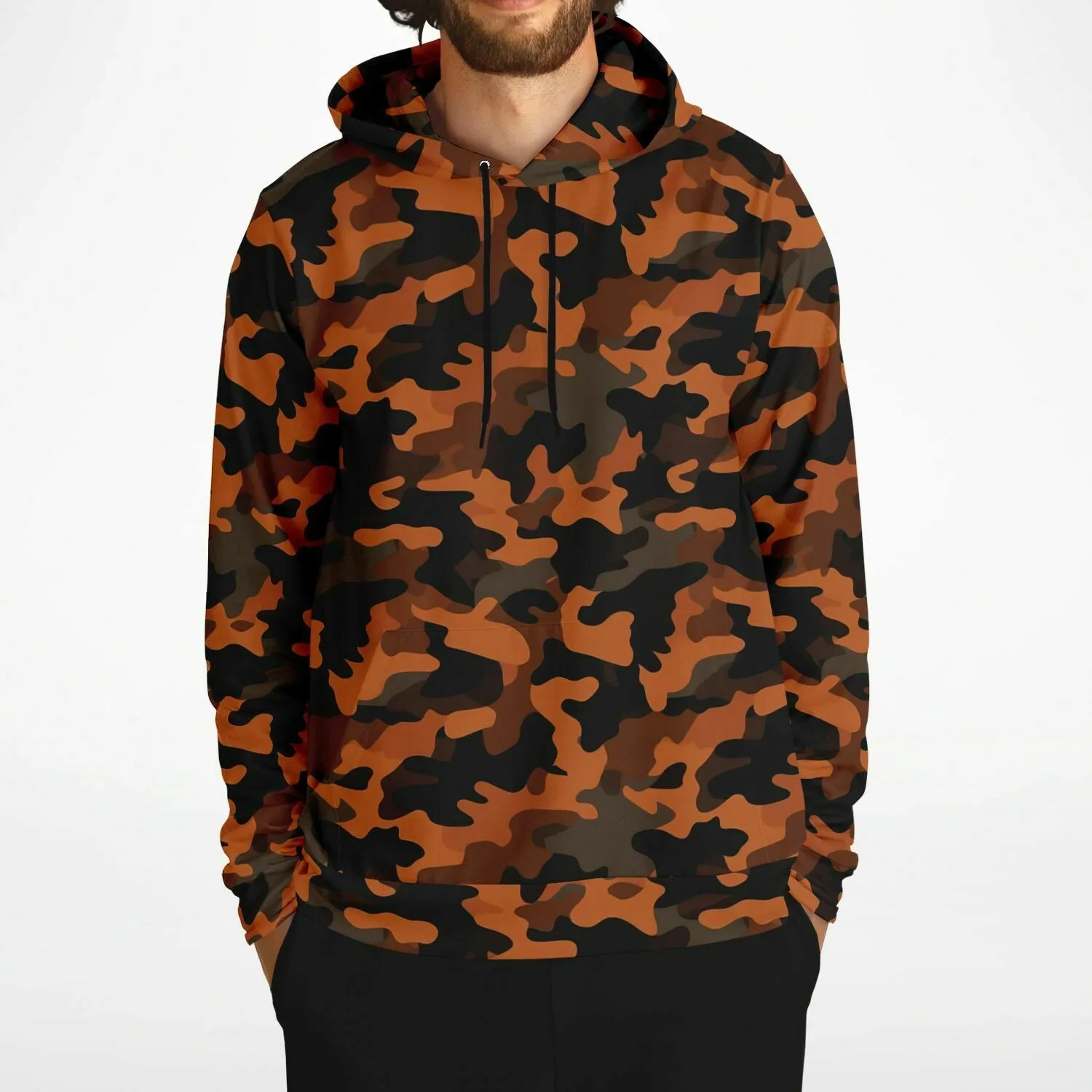 Black and Orange Camo Hoodie, Camouflage Pullover Men Women Adult Aesthetic Graphic Cotton Hooded Sweatshirt with Pockets