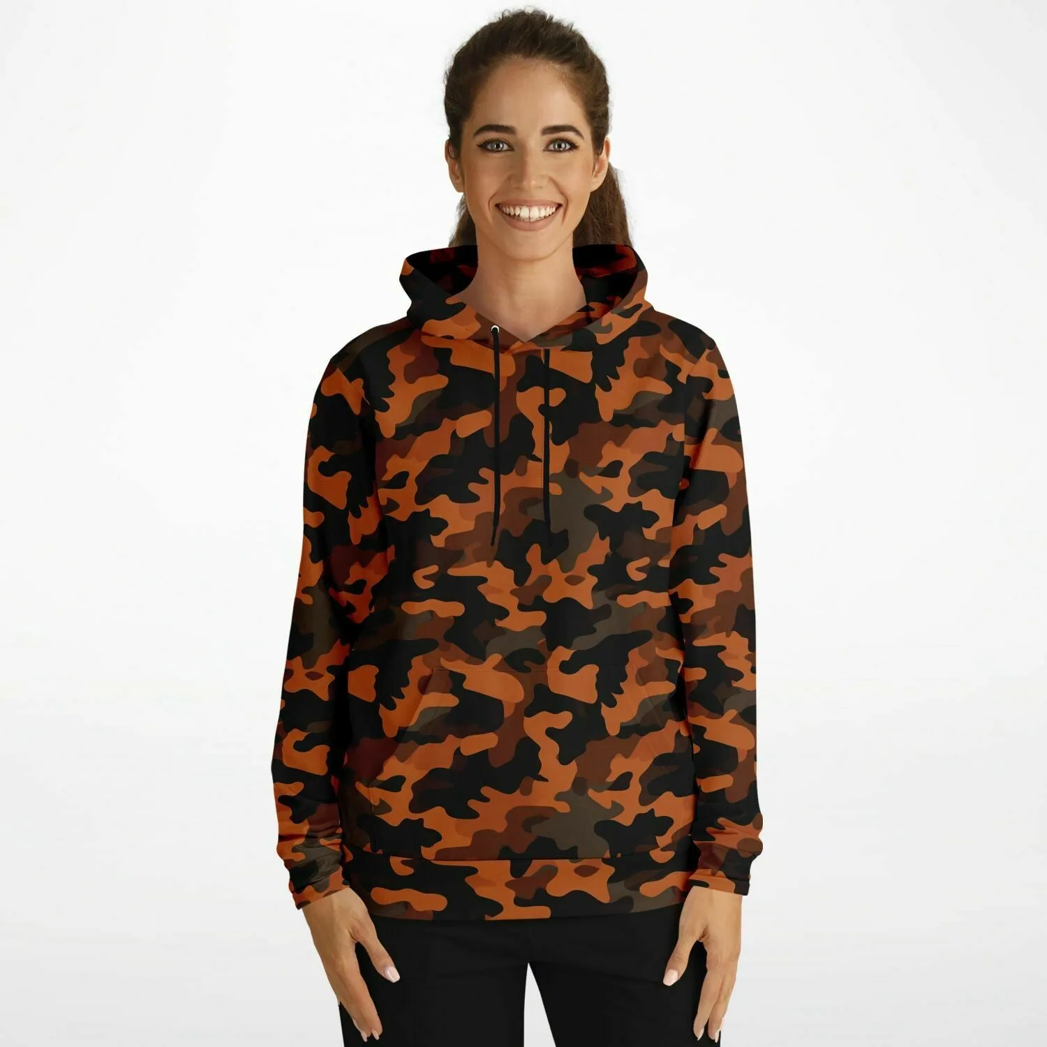 Black and Orange Camo Hoodie, Camouflage Pullover Men Women Adult Aesthetic Graphic Cotton Hooded Sweatshirt with Pockets