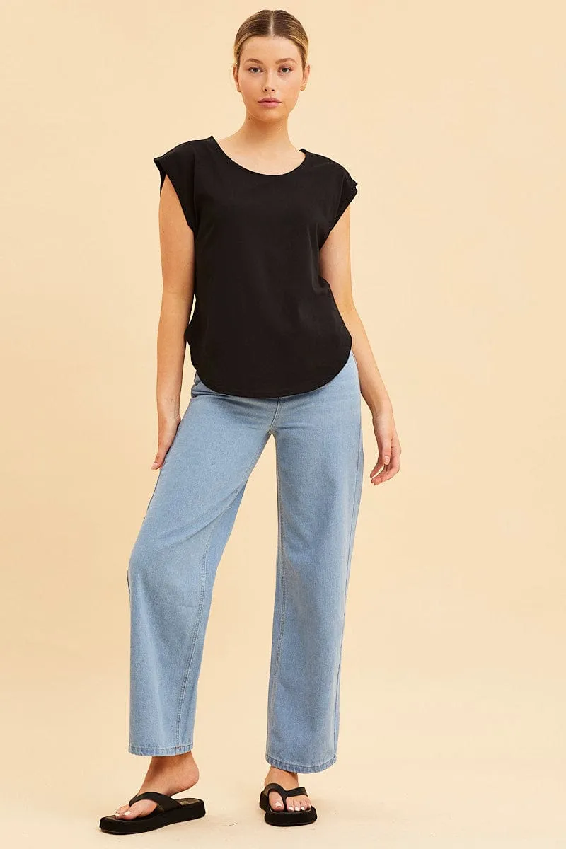 Black Relaxed T-Shirt Drop Shoulder Curved Hem Crew Neck