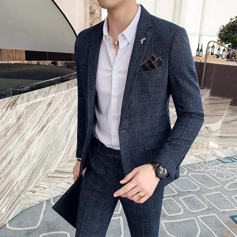 Blazer   Hosen Herrenmode Boutique Plaid Casual Business Anzug Bräutigam Hochzeit Kleid Smoking Männlichen Formalen Anzug