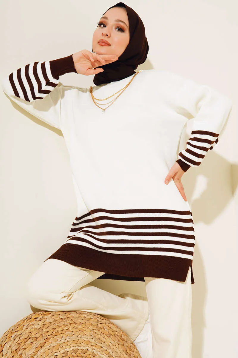BNG Women Brown Striped Knit Tunic with Sleeves - Clermont