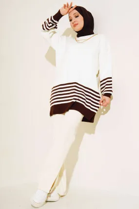 BNG Women Brown Striped Knit Tunic with Sleeves - Clermont