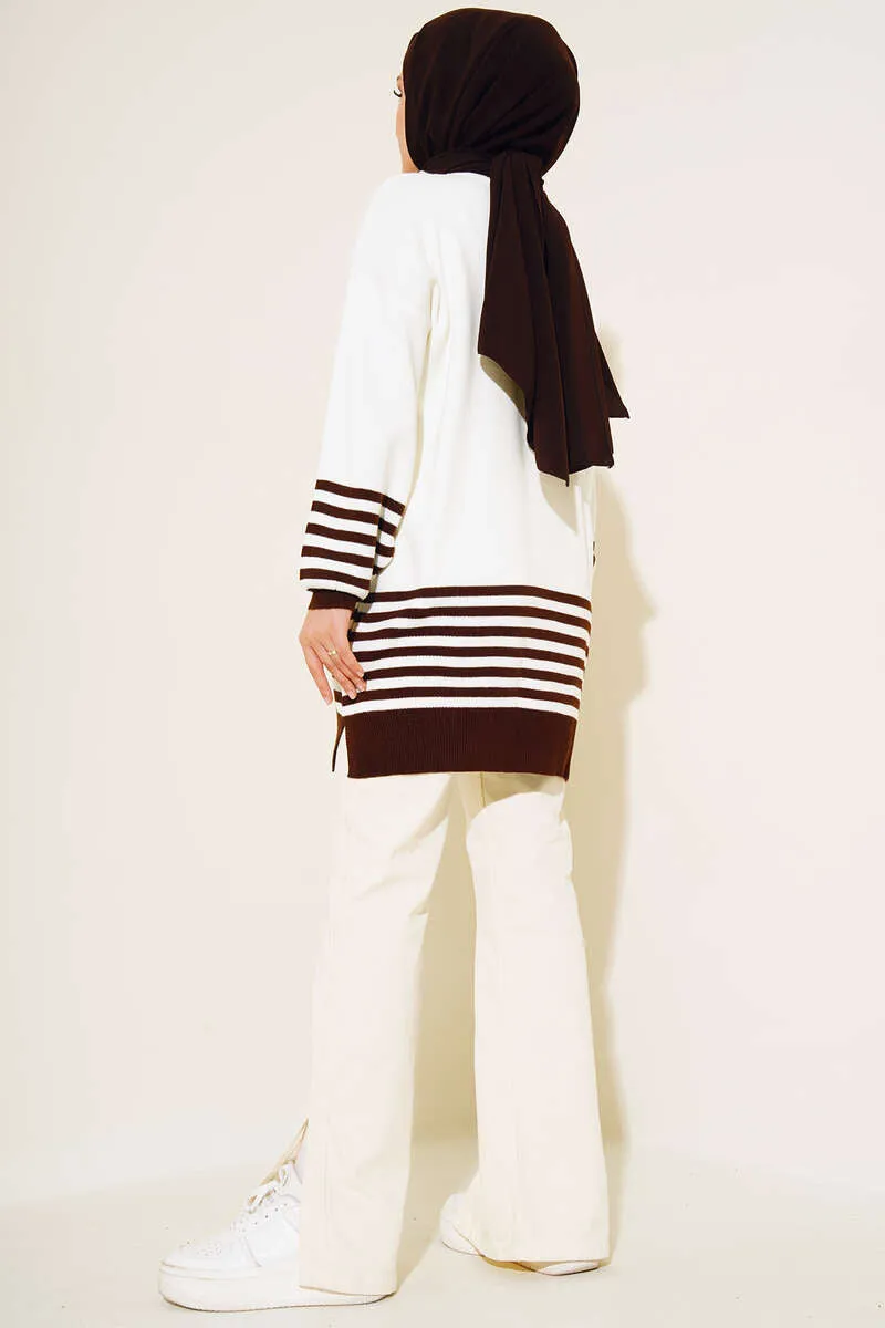 BNG Women Brown Striped Knit Tunic with Sleeves - Clermont