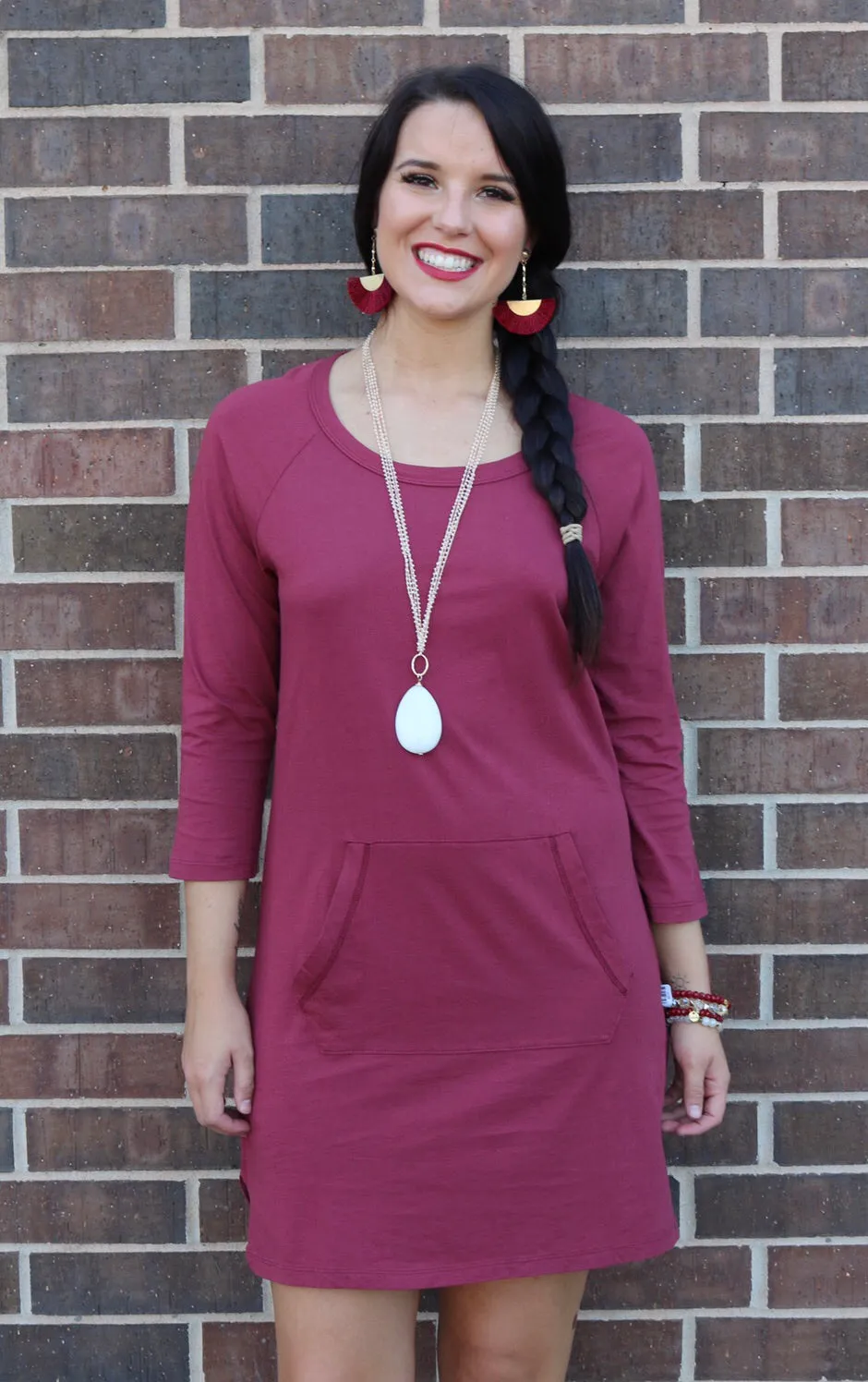 BOBI Bordeaux SAVAGE Supreme Jersey Kanga Pocket Supreme Jersey Quarter Sleeve Tunic Dress