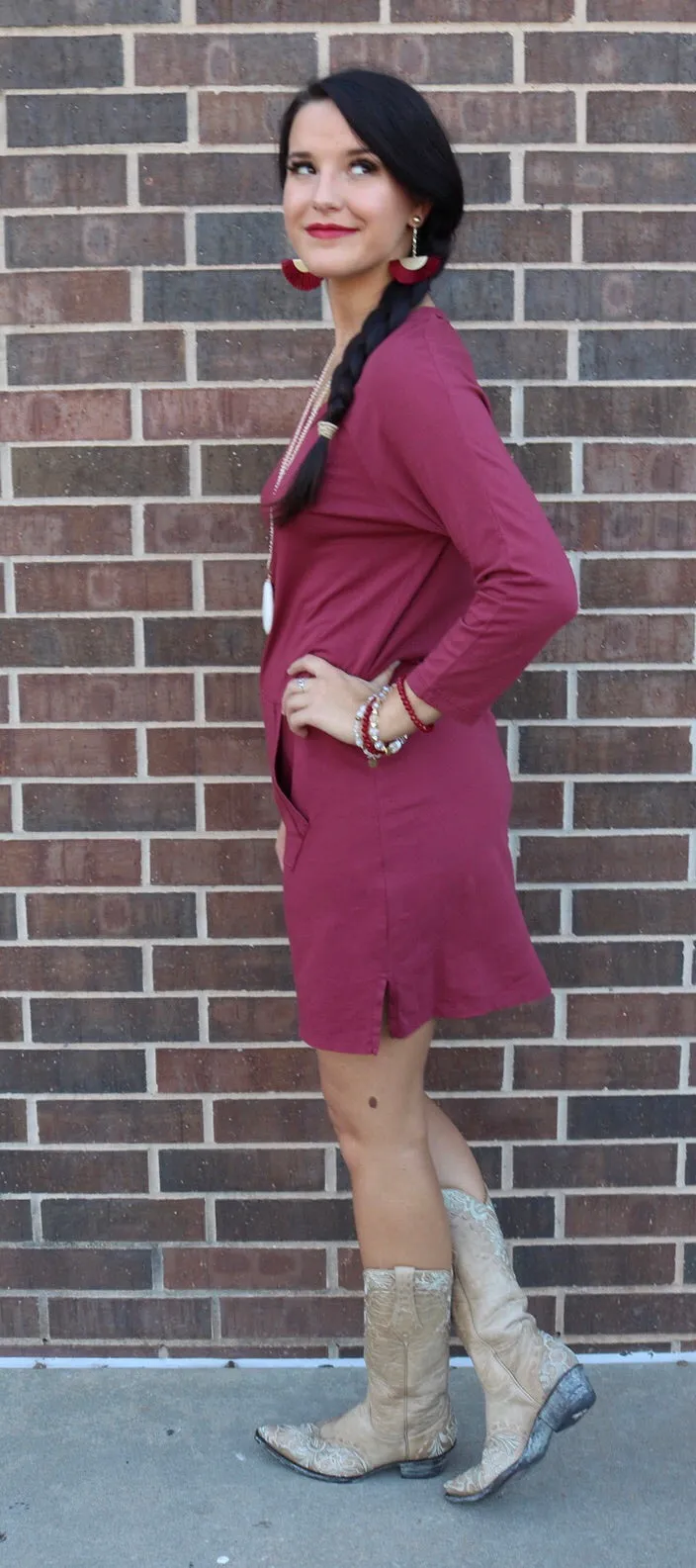 BOBI Bordeaux SAVAGE Supreme Jersey Kanga Pocket Supreme Jersey Quarter Sleeve Tunic Dress