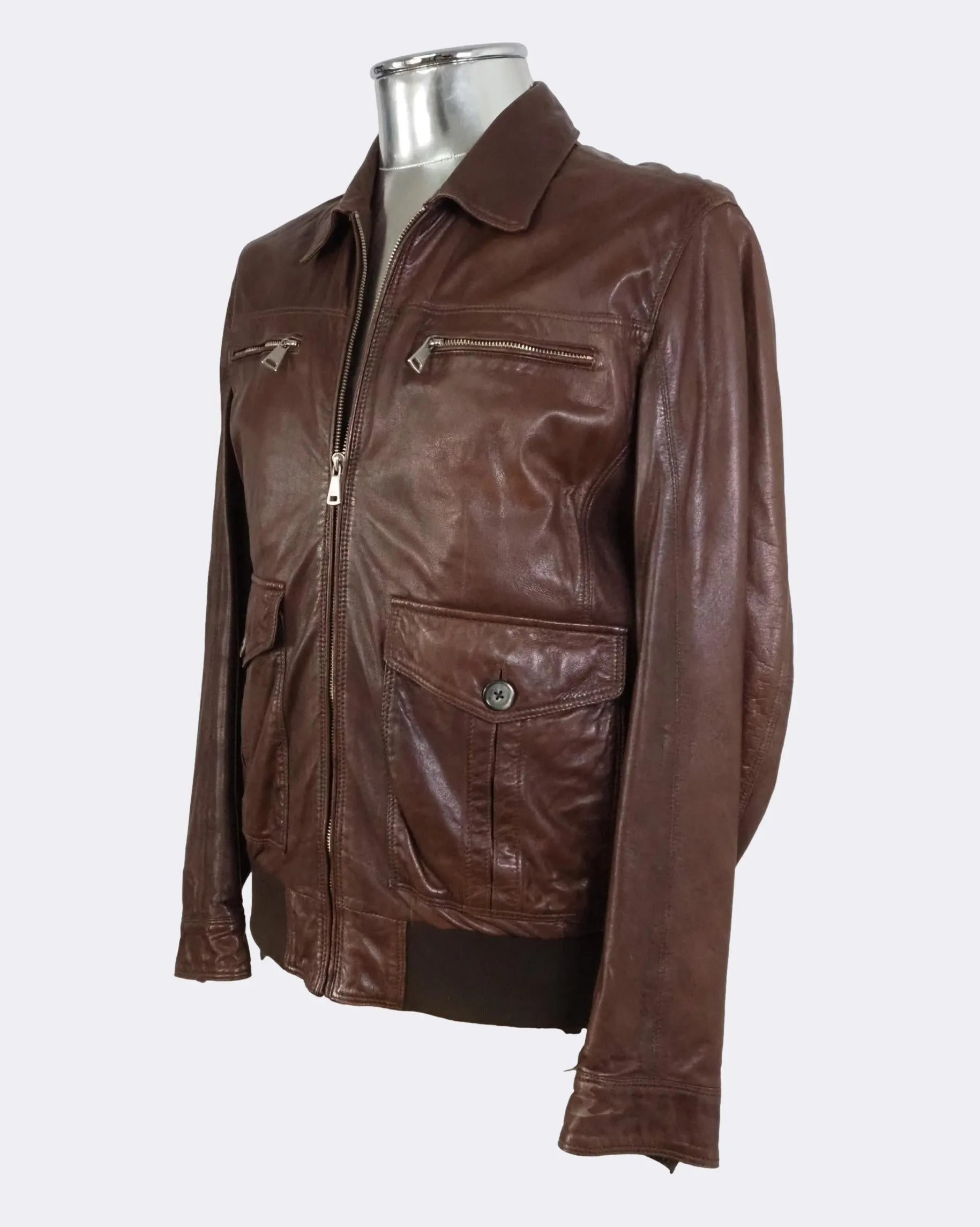 Brown Leather Bomber Jacket