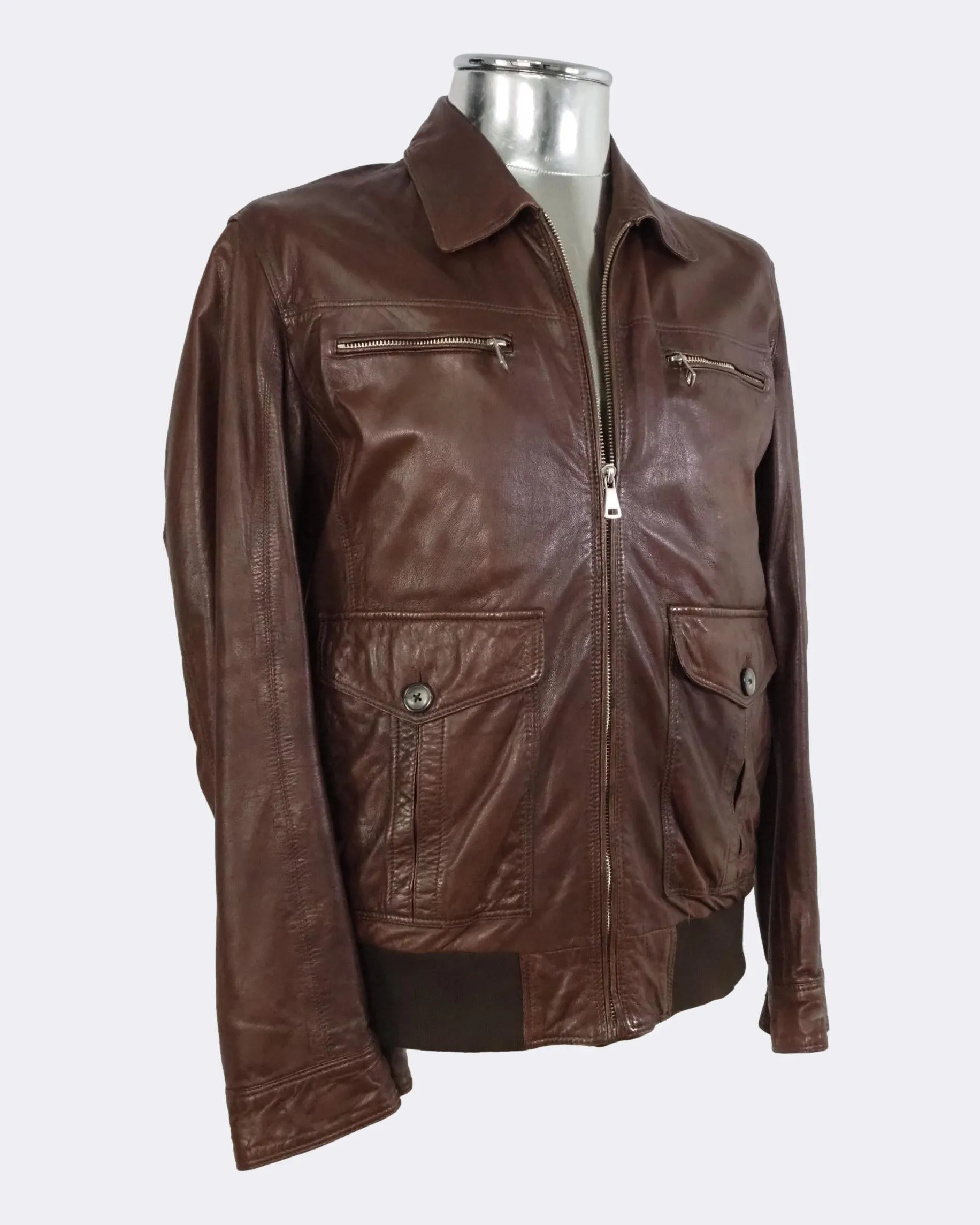 Brown Leather Bomber Jacket