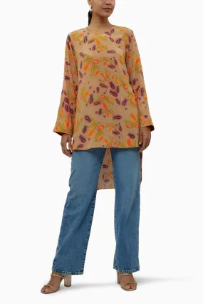 Brown Printed Crepe High Low Rolled Up Sleeves Tunic