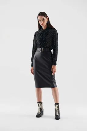 Buckle Faux Leather Midi Skirt Black