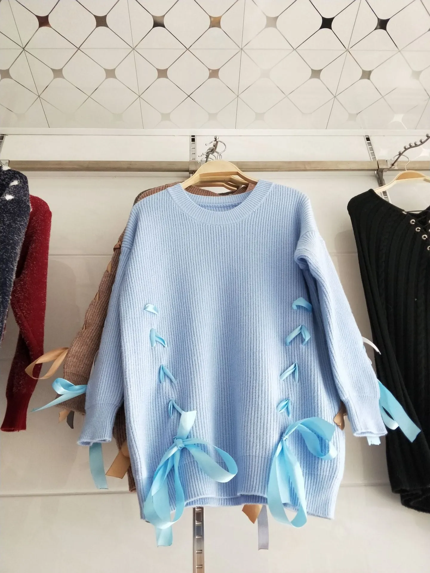 Crew Neck Straps Lace Up Loose Long Sleeves Women Knit Sweater
