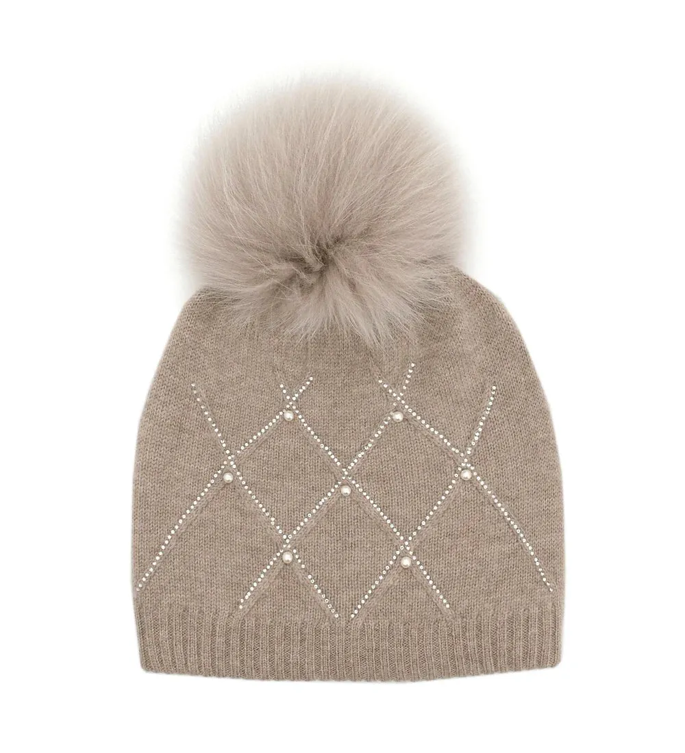 Diamond Weave Crystal Hat, Beige