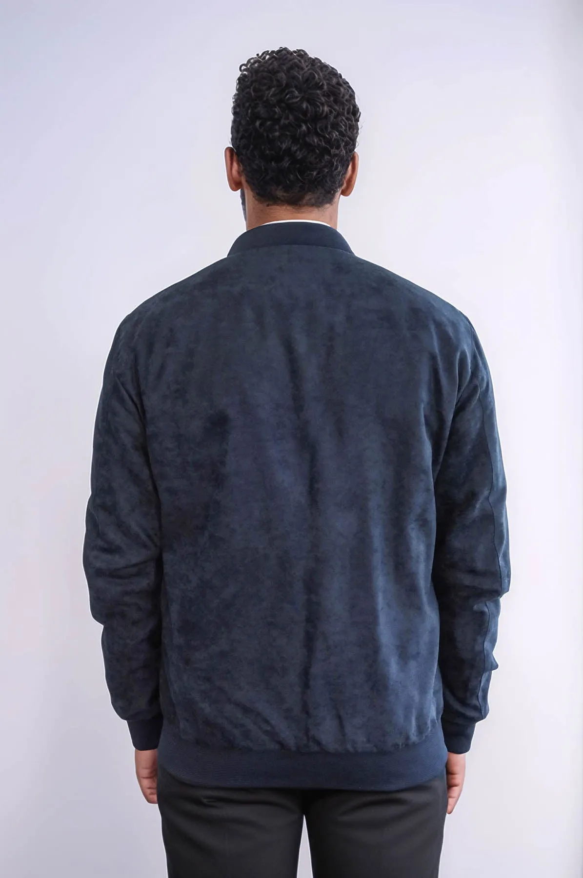 Flap Pockets Suede Dark Blue Men Bomber Coat - Wessi