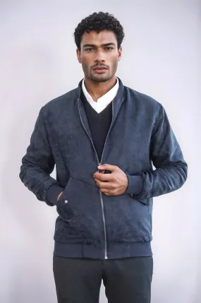 Flap Pockets Suede Dark Blue Men Bomber Coat - Wessi