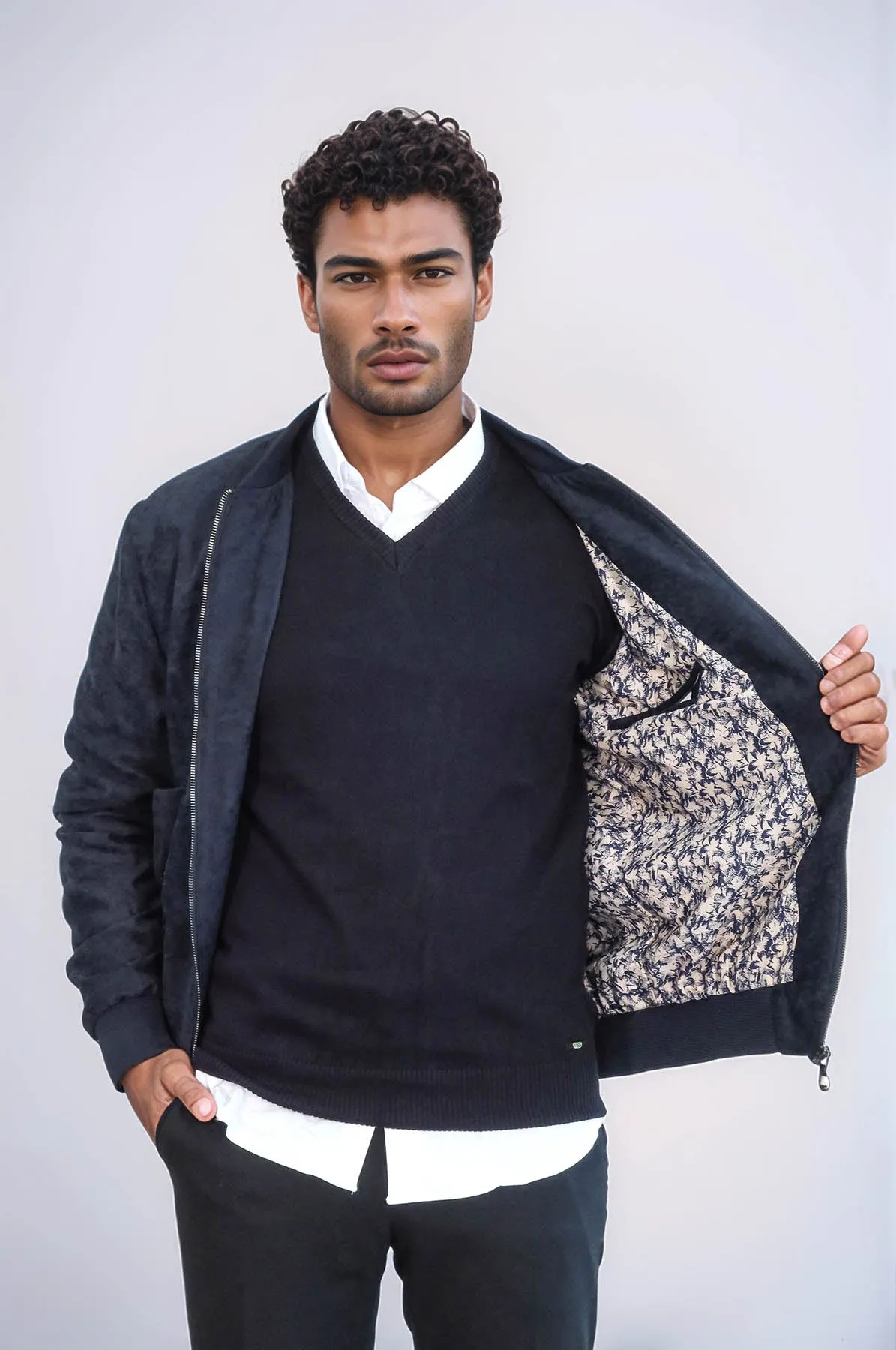 Flap Pockets Suede Dark Blue Men Bomber Coat - Wessi