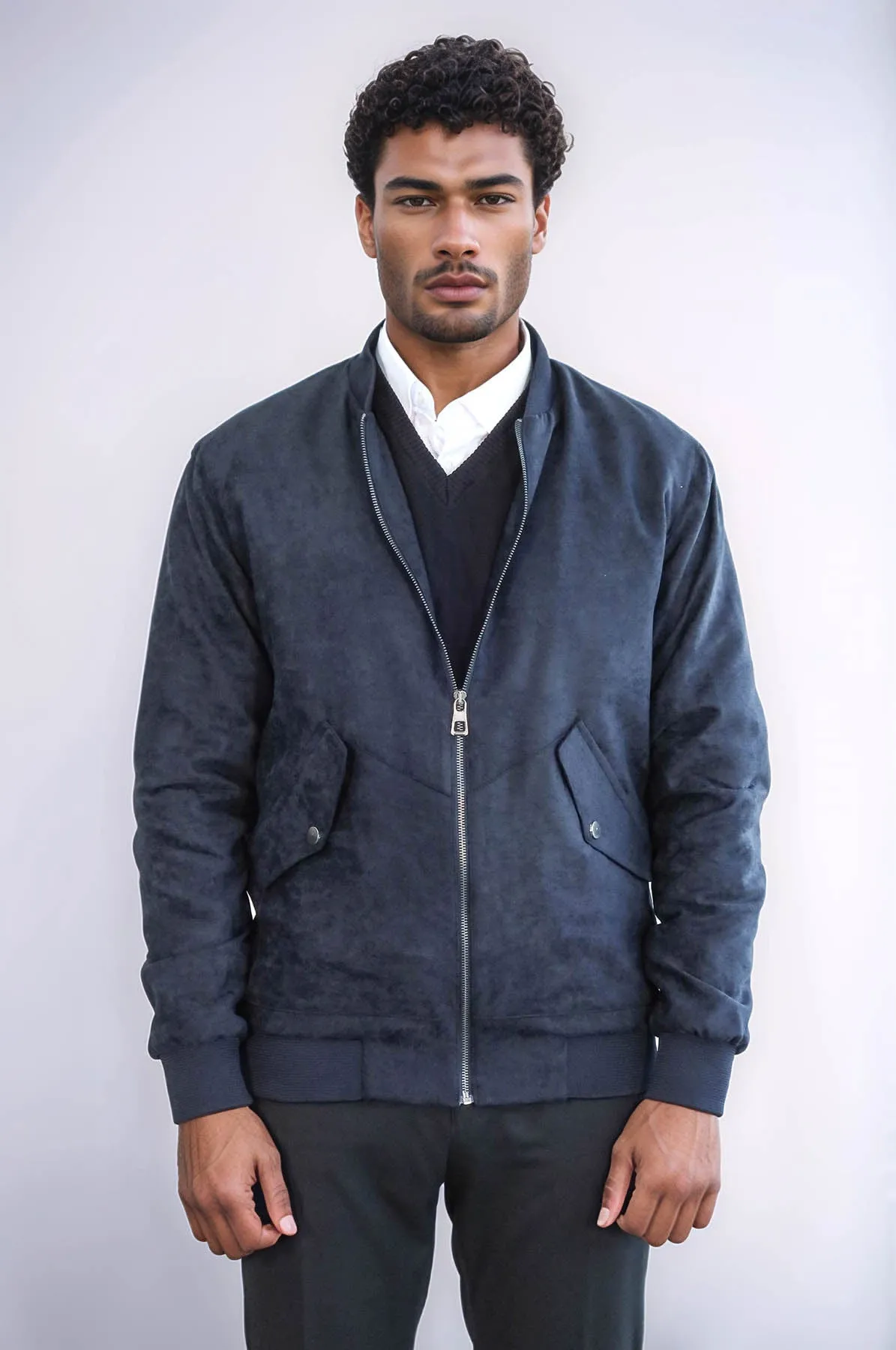 Flap Pockets Suede Dark Blue Men Bomber Coat - Wessi
