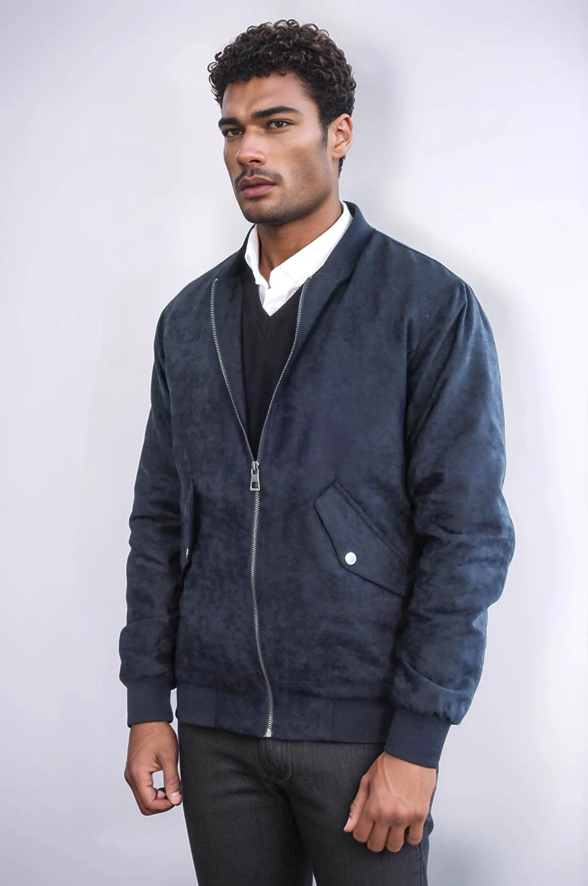 Flap Pockets Suede Dark Blue Men Bomber Coat - Wessi