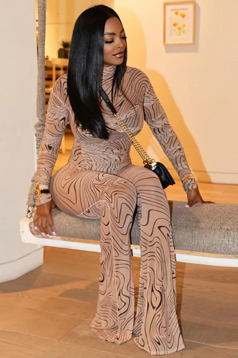 Geometric Print Turtleneck Long Sleeve Flare Pants Set