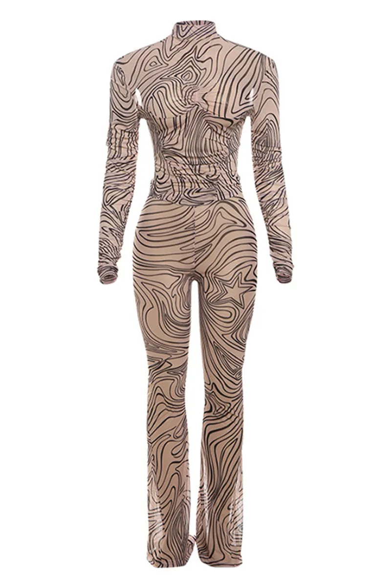 Geometric Print Turtleneck Long Sleeve Flare Pants Set