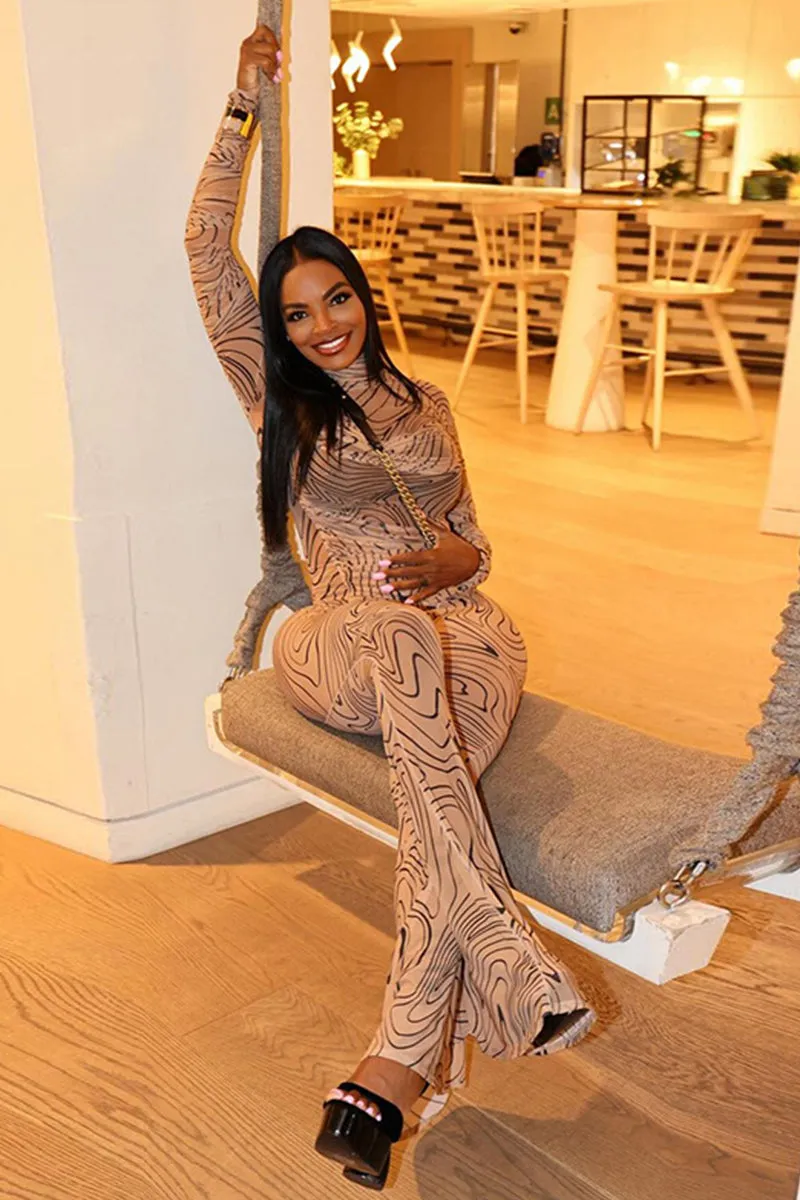 Geometric Print Turtleneck Long Sleeve Flare Pants Set