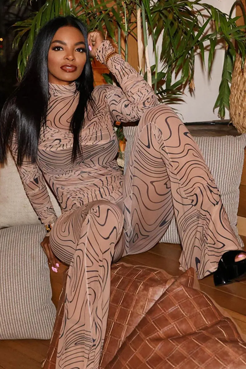 Geometric Print Turtleneck Long Sleeve Flare Pants Set