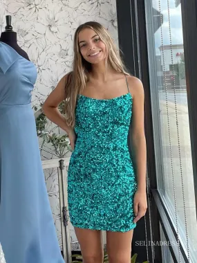 Glittery Bright Blue Sequins Homecoming Dresses 2022 Spaghetti Straps Cocktail Dresses #TKL005