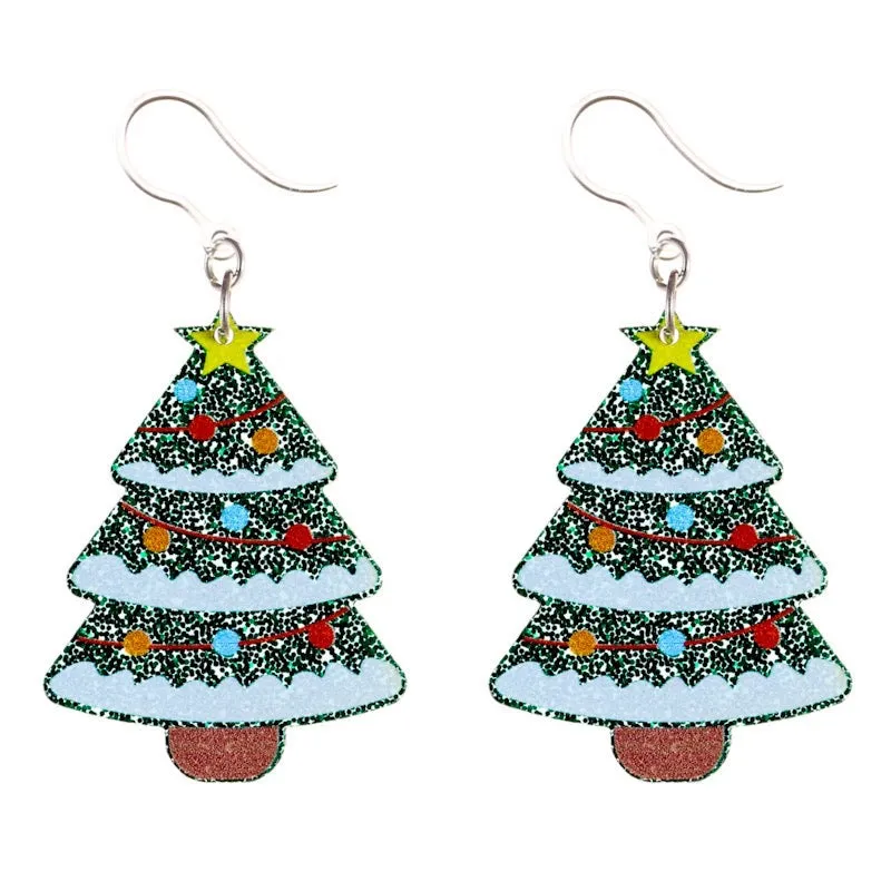 Glittery Decorated Christmas Tree Dangles Hypoallergenic Earrings for Sensitive Ears Made with Plastic Posts