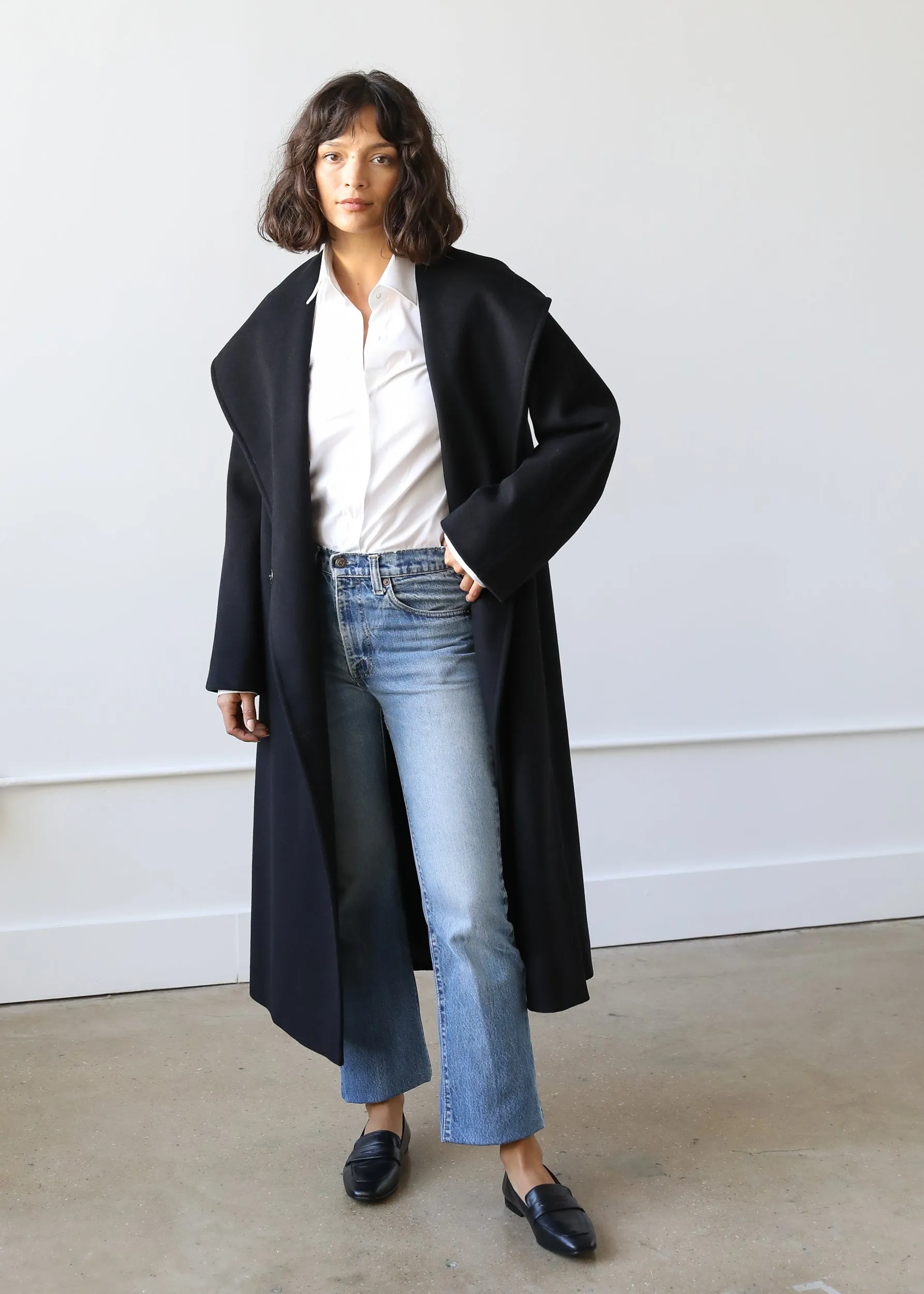 Goff Hooded Wrap Coat in Black Virgin Wool