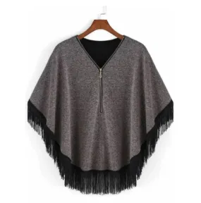Grey Women Zipper Cape Poncho