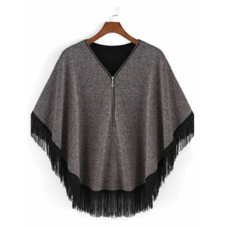 Grey Women Zipper Cape Poncho