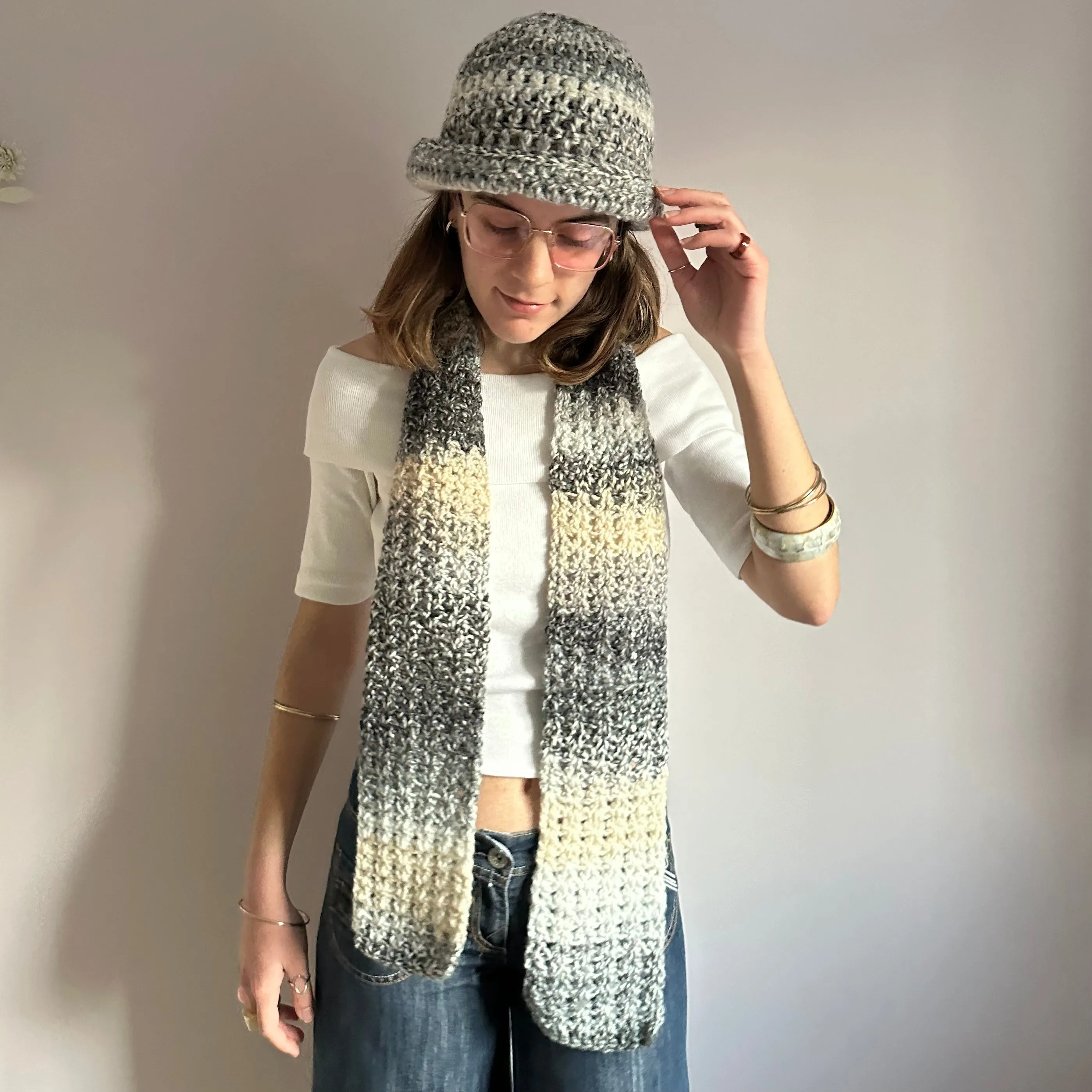 Handmade grey and cream chunky crochet bowler hat