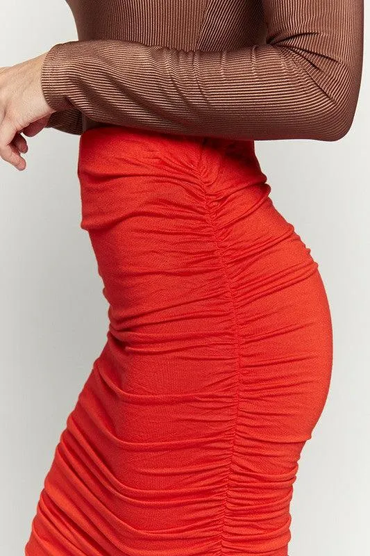 High Waist Knee Length Ruched Pencil Skirt