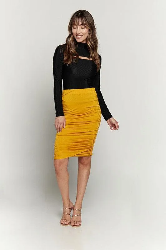 High Waist Knee Length Ruched Pencil Skirt