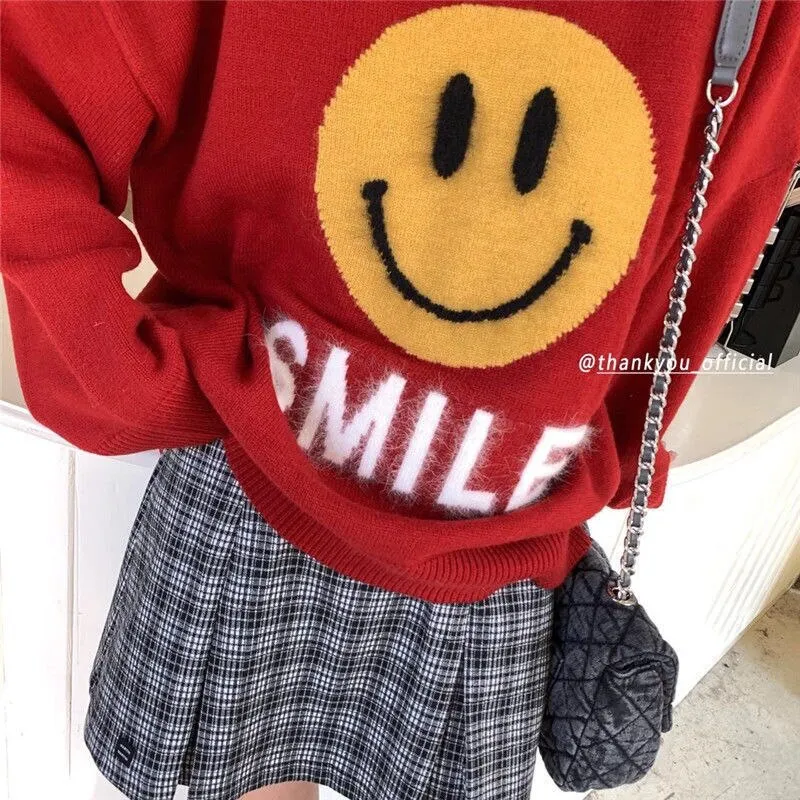 Joskaa Christmas Gift Smiling face lazy pullover sweater y2k women's autumn and winter  fashion age reduction round neck bottoming sweater 2024