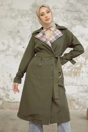 MDS Women Eleta Double-Breasted Checkered Trench Coat - Khaki - Zacatepec
