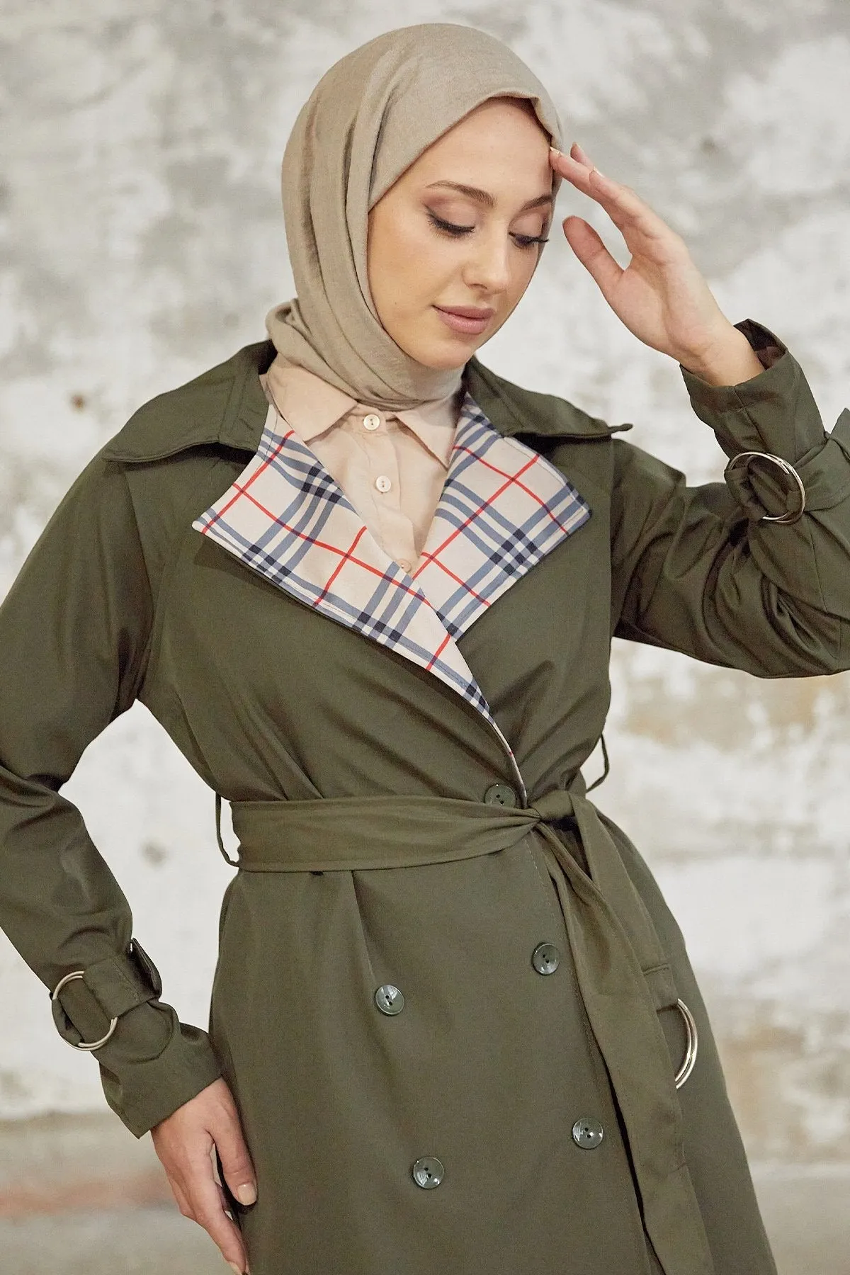 MDS Women Eleta Double-Breasted Checkered Trench Coat - Khaki - Zacatepec