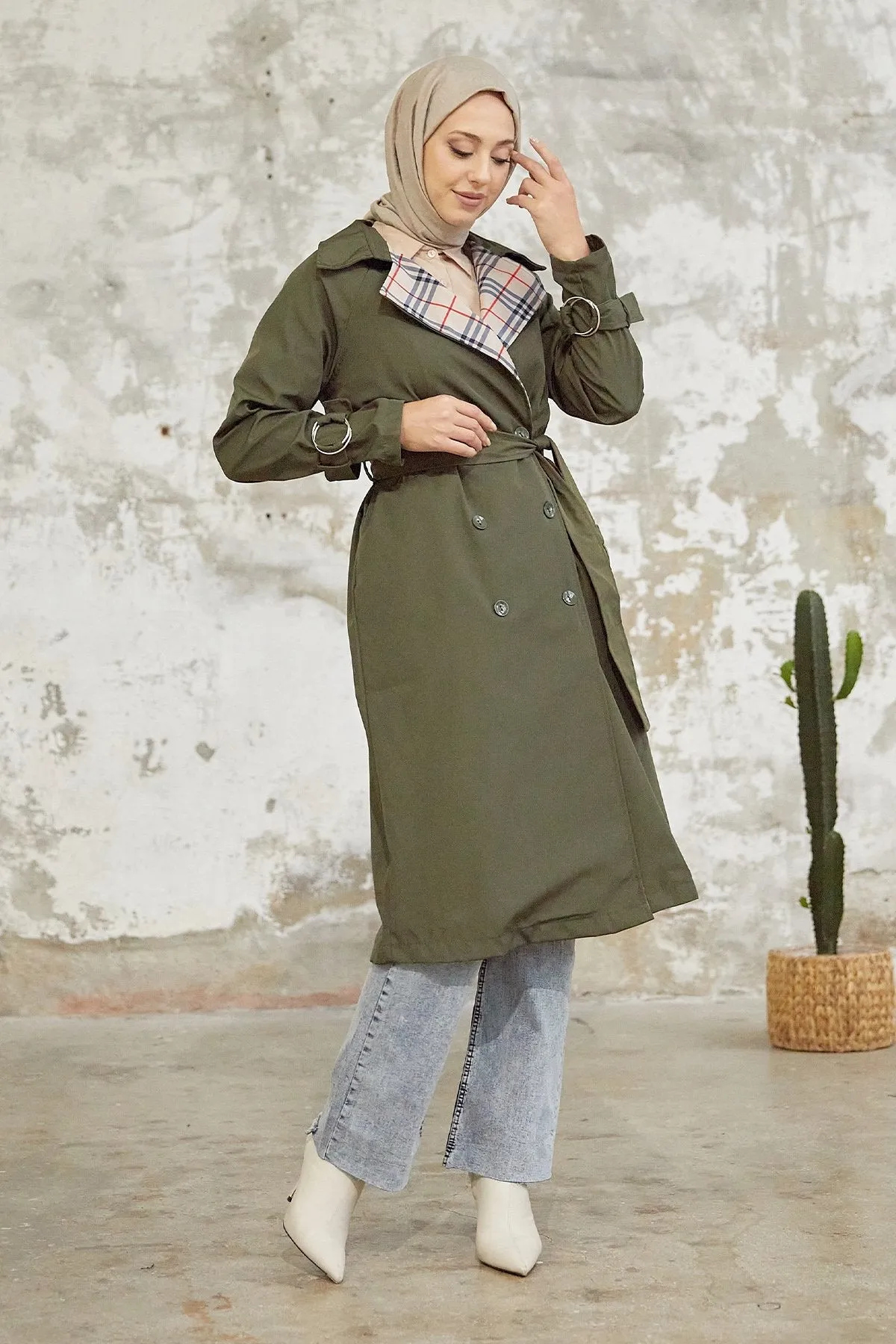 MDS Women Eleta Double-Breasted Checkered Trench Coat - Khaki - Zacatepec